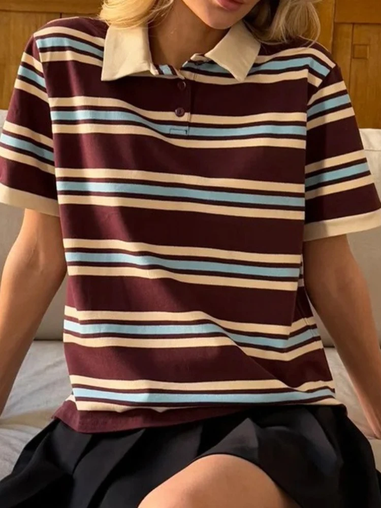 

Summer New Women's Clothing Fashion Striped Short-sleeved T-shirt Retro Color Polo Shirt Loose Casual Short-sleeved