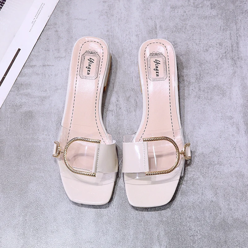 Clear Shoes White Low Heel Summer 2024Slides Job Outside Transparent Women\'s Slippers and Ladies Sandals Chic Elegant Clappers