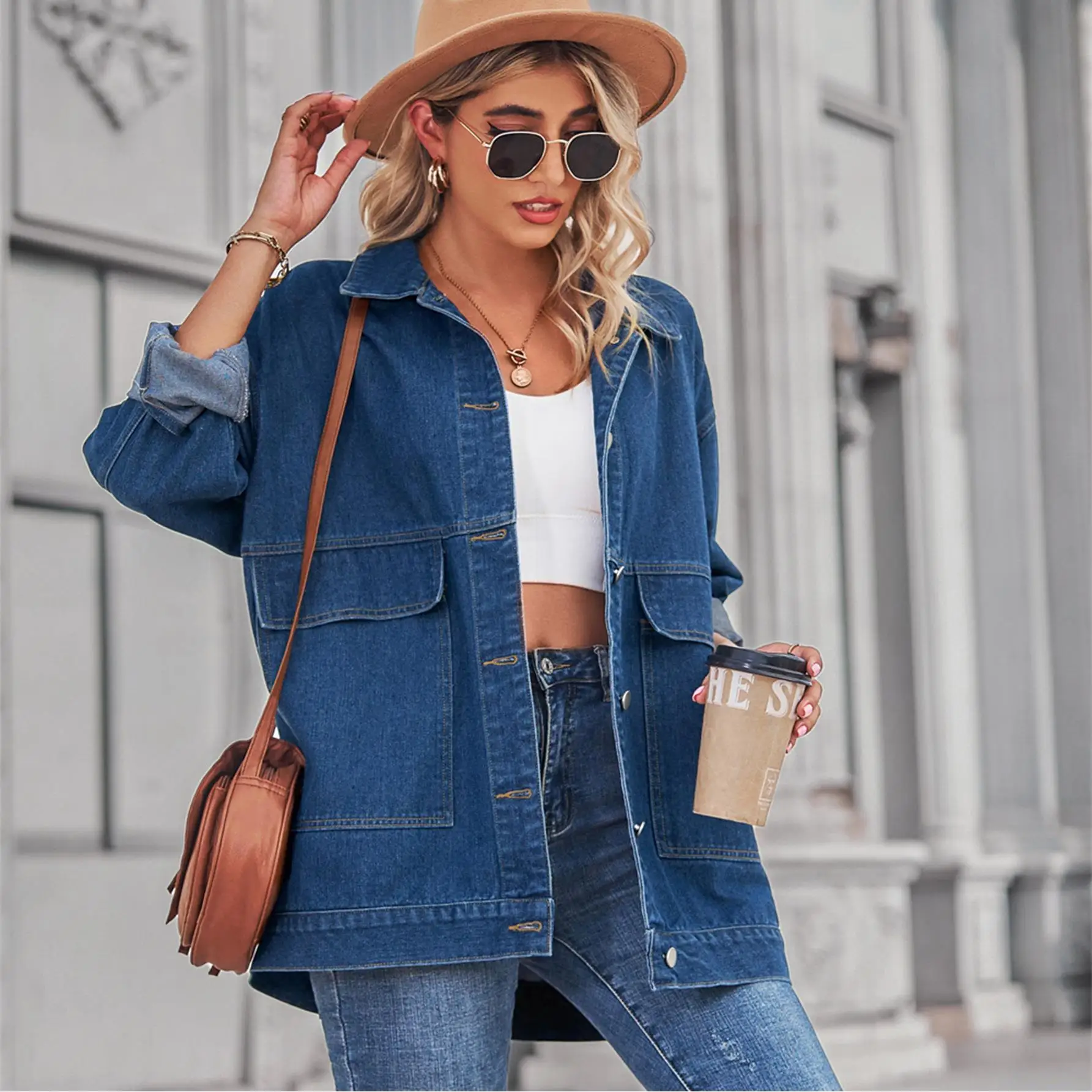 

Приталенный джинсовый топ для женщин, уличный свободный длинный хлопковый весенний топ больших размеров, женская верхняя одежда