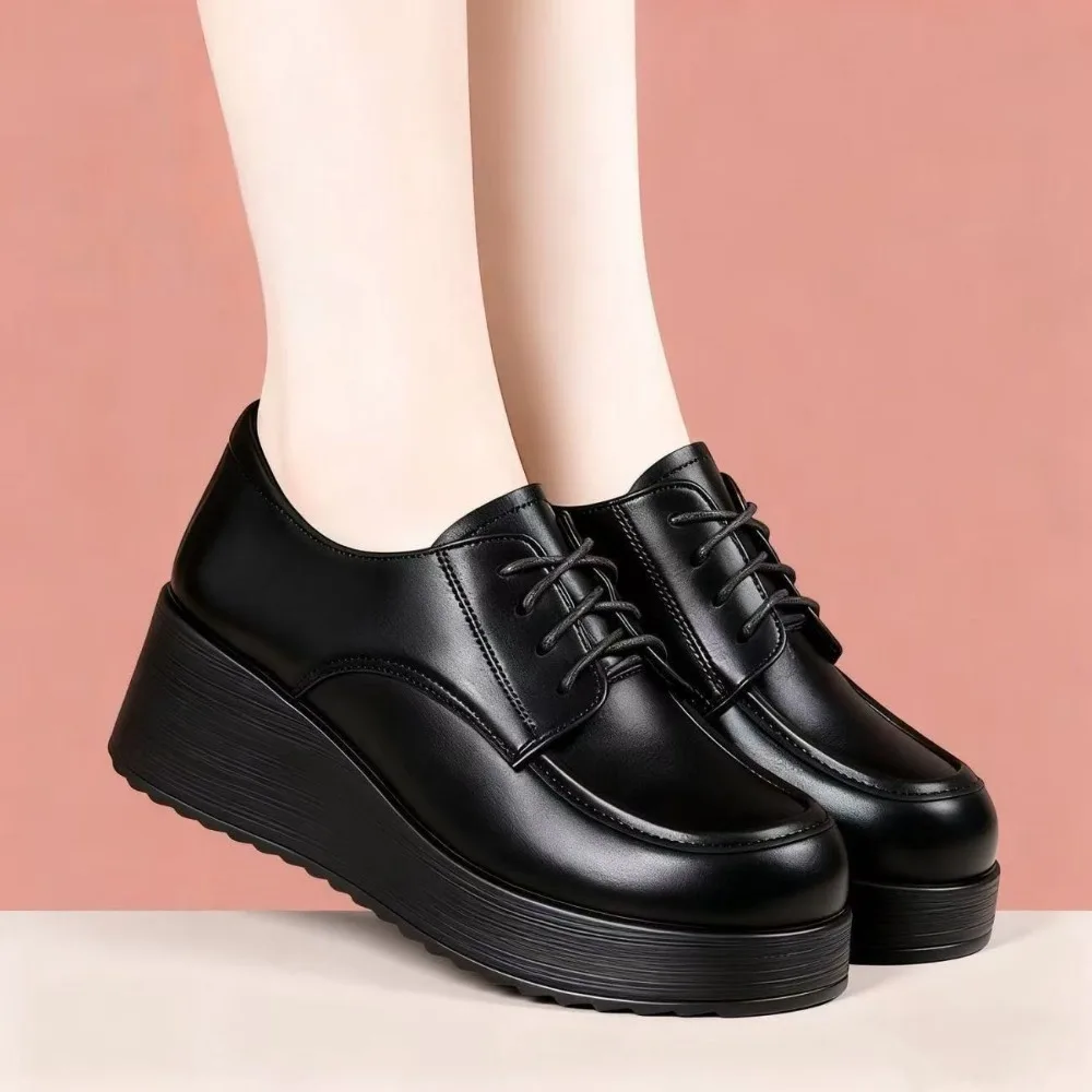 

Soft Leather Single Shoes Women's Lace-Up round Toe Work Shoes Comfortable Casual Slip-On Flats Breathable Inner Material