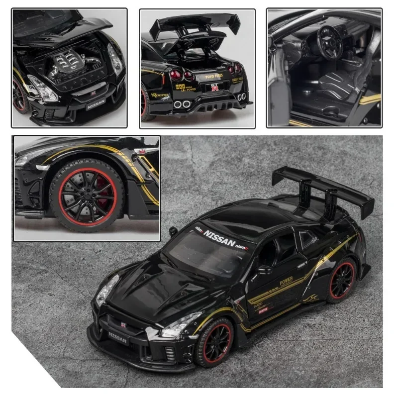 日産-子供用スポーツカーモデルGTR35,1:32,サウンド,ライト,コレクティブダイキャスト,おもちゃの車,ミニチュア,家の装飾