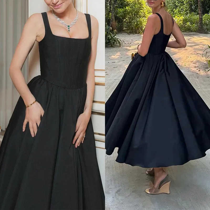 

2025 Sexy Black Strapless Sleeveless Dress Fashionable Women's Cross-Border Evening Gown Polyester Fiber Square Collar Regular W
