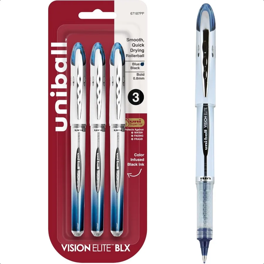 

uniball Vision Elite BLX Rollerball Pens Bold Point .8mm Blue BLX Ink 3 Pack