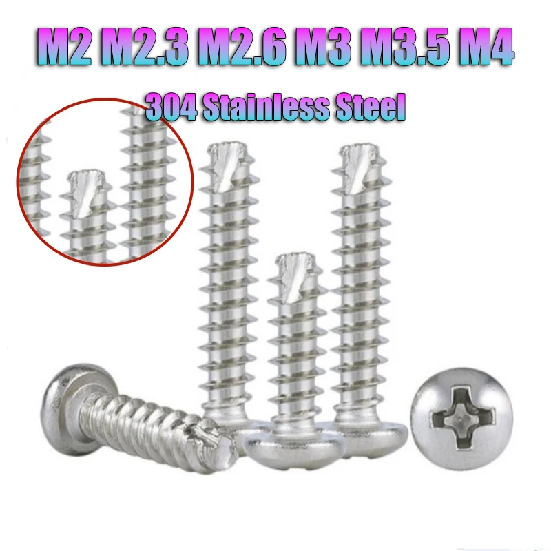 M2 M2.3 M2.6 ~M4 Cross Round Head Cutting Tail Self Tapping Screws 304 Stainless Steel Phillips Pan Head Thread Cutting Screws