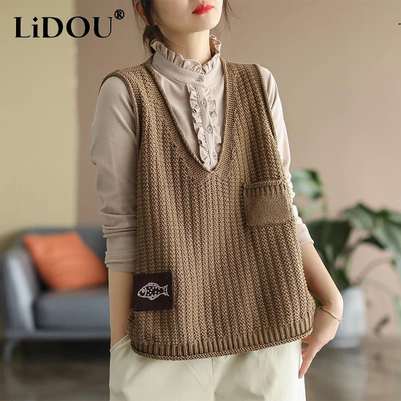 

Autumn Winter Literary Vintage Loose Casual Sweater Vest Top Women Sleeveless All-match Pullover Ladies Korean Style Jumper Coat