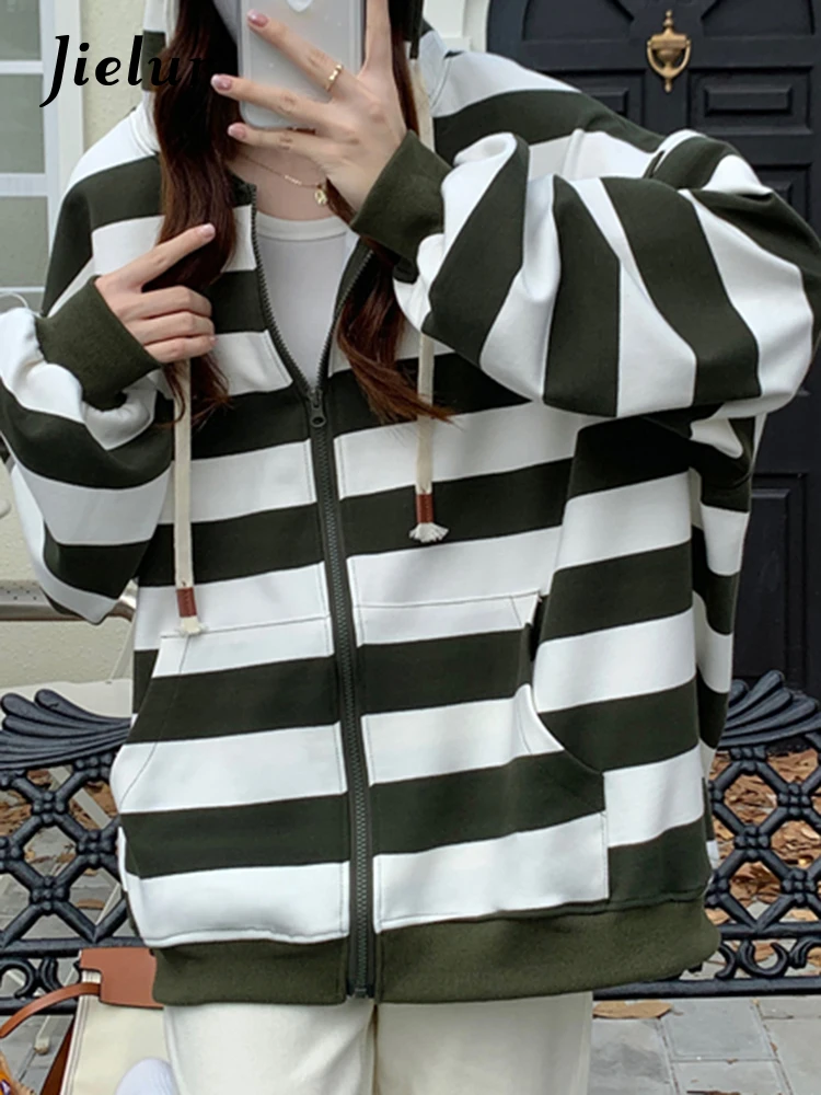 Jielur New Korean Style Zipper Striped Female Hoodies Autumn Loose Casual Drawstring Streetwear Long Sleeve Women Sweatshirts