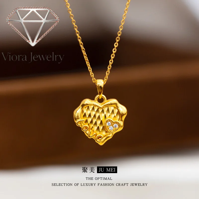 Viora Jewelry Light luxury niche design for women's car 9999 24K real gold dot diamond flash love pendant fashionable peach hear