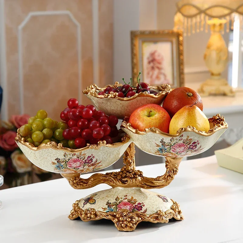 

European Creative Printed Fruit Plate Home Living Room Vintage Tea Table Decoration Ornaments Multi-layer Lattice Snack Plate