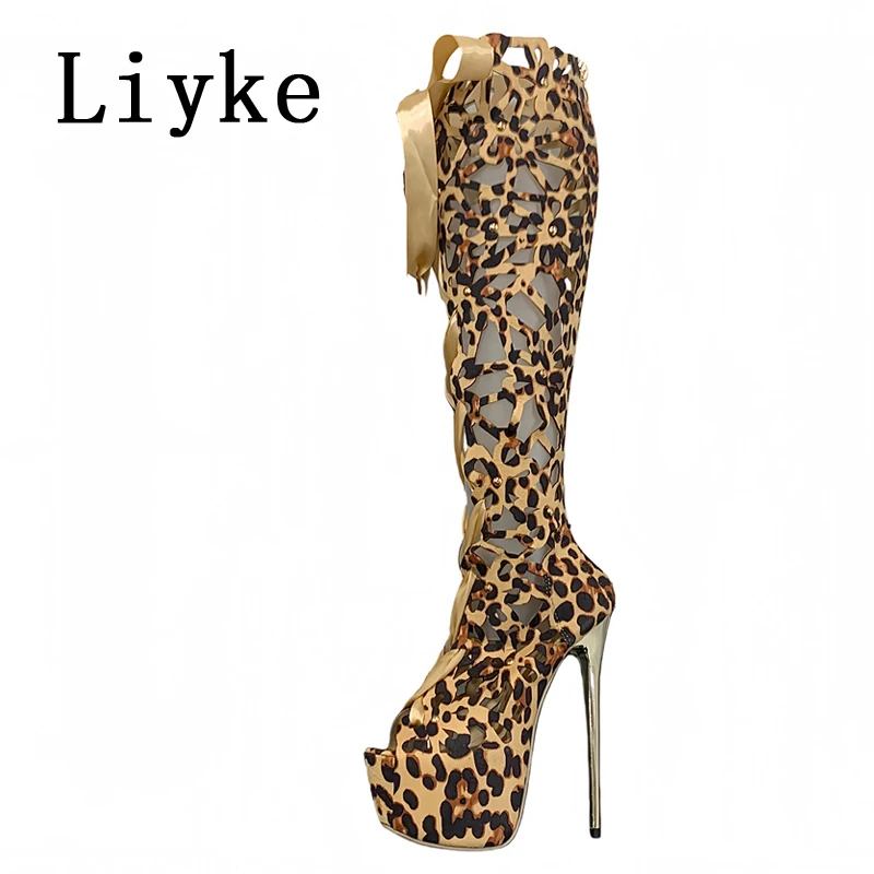 Liyke Model Show Sexy 17CM Extreme High Heels Platform Boots For Women Cross Lace Up Zip Leopard Print Ladies Pole Dance Shoes