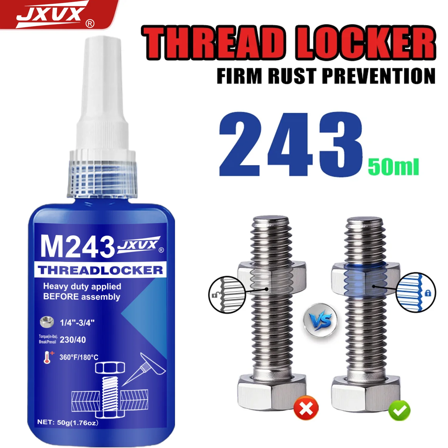

243 271 Removable Thread Locker Adhesive 50ml Blue Red Metal Glue Sealant for Screws Bolts Nuts Automotive Industrial Thread Sealant Against Losening Lock Tight Seal Fasteners Curing Corrosion-Resistant.