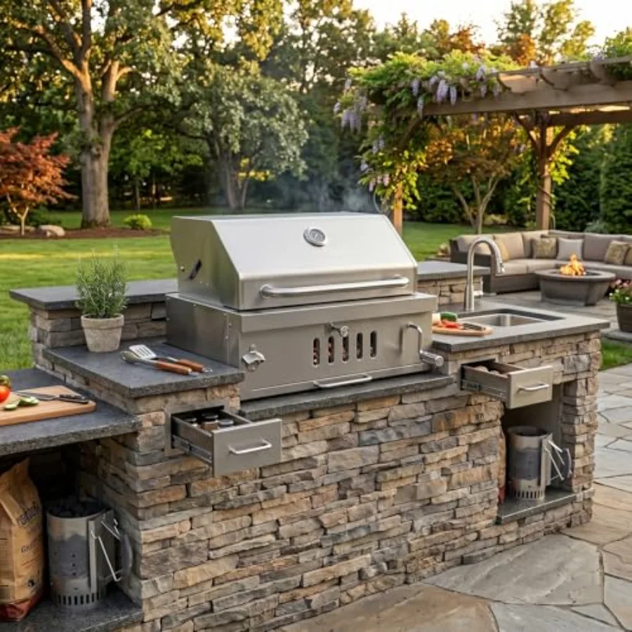Outdoor kitchen island charcoal grill: heavy duty stainless steel, black, liftable tray, insulated hood temp gauge for family p