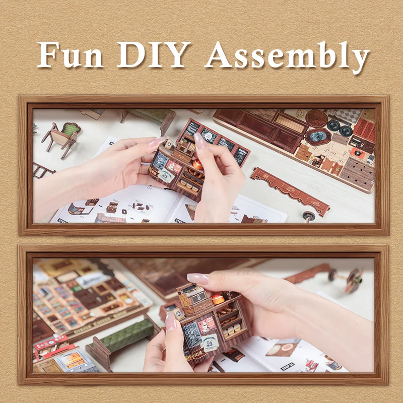 Cutebee livro de madeira nook casa de bonecas kit casa de boneca em miniatura booknook estante com luz led para berço loja de café