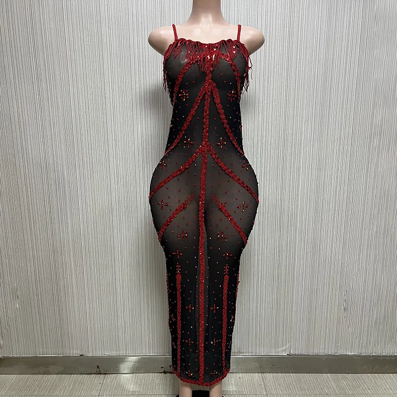 Diamond Tassel Sequins Cotton Sleeveless Long Dress Sexy For Women's Club, Birthday & Celebrity Events Body Transparente Flecos