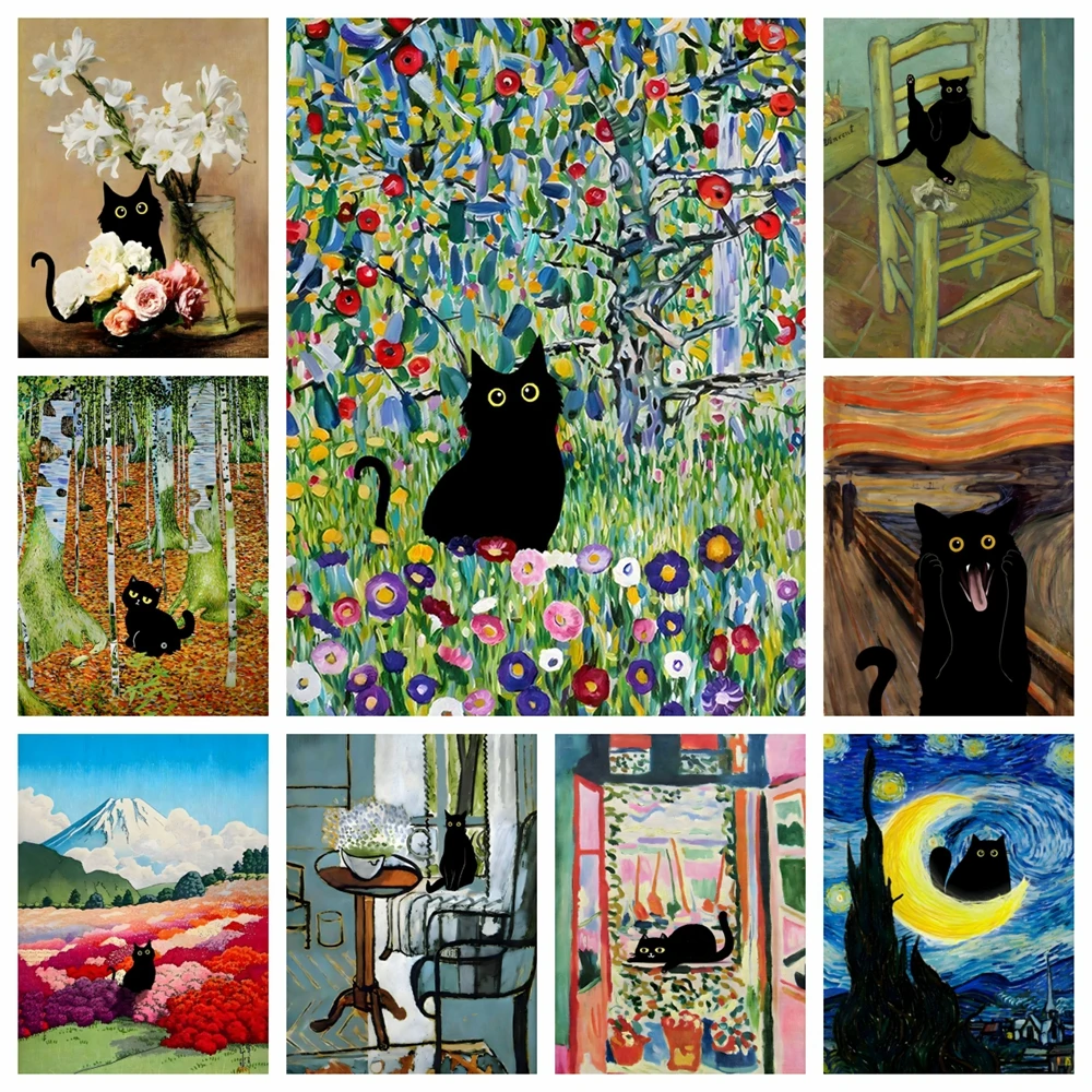 Funny Black Cat DIY Diamond Painting Kits New 2024 Monet Van Gogh Gustav Picuture Embroidery Mosaic Cross Stitch Home Decor Gift
