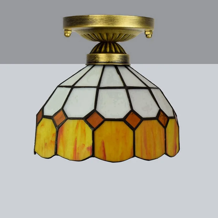 Tiffany retro style Mediterranean yellow white lattice stained glass Led lamp manual industrial bedroom ceiling light