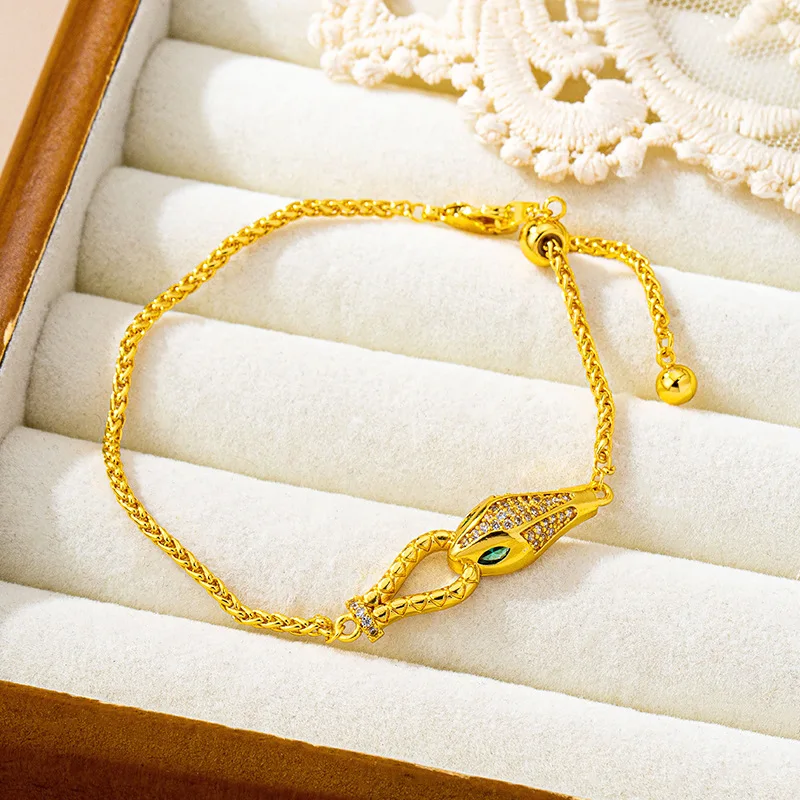 

Luxury 24K 9999 Pure Gold real gold Women's Snake Head Hollow-out Bracelet with Diamond Snake-shaped Bracelet