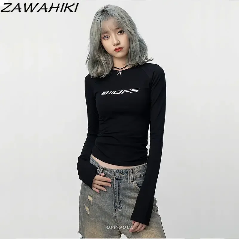 Chic Designed Letter Print Slim Y2K Long Sleeve Kpop Aesthetic T Shirt Women Fall Winter Sweet Fashion All Match Tops Mujer