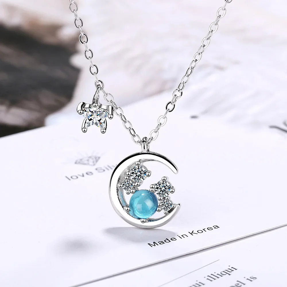 

Real 100% 925 Sterling Silver Crystal Star Moon Charm Pendant Necklace For Women Choker Collares Wedding Party Jewelry Gift