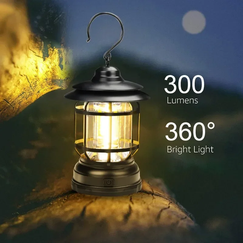 Retro Camping Lantern Battery Powered Hanging Tent Light 2 Modes Outdoor Waterproof Camping Ambient Lamp Emergency Work Light
