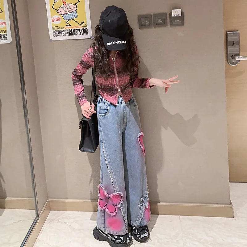 Girls Wide Leg Denim Pants with Butterfly Design Casual Loose New Spring Fashion Long Jeans Children Korean Style Trousers