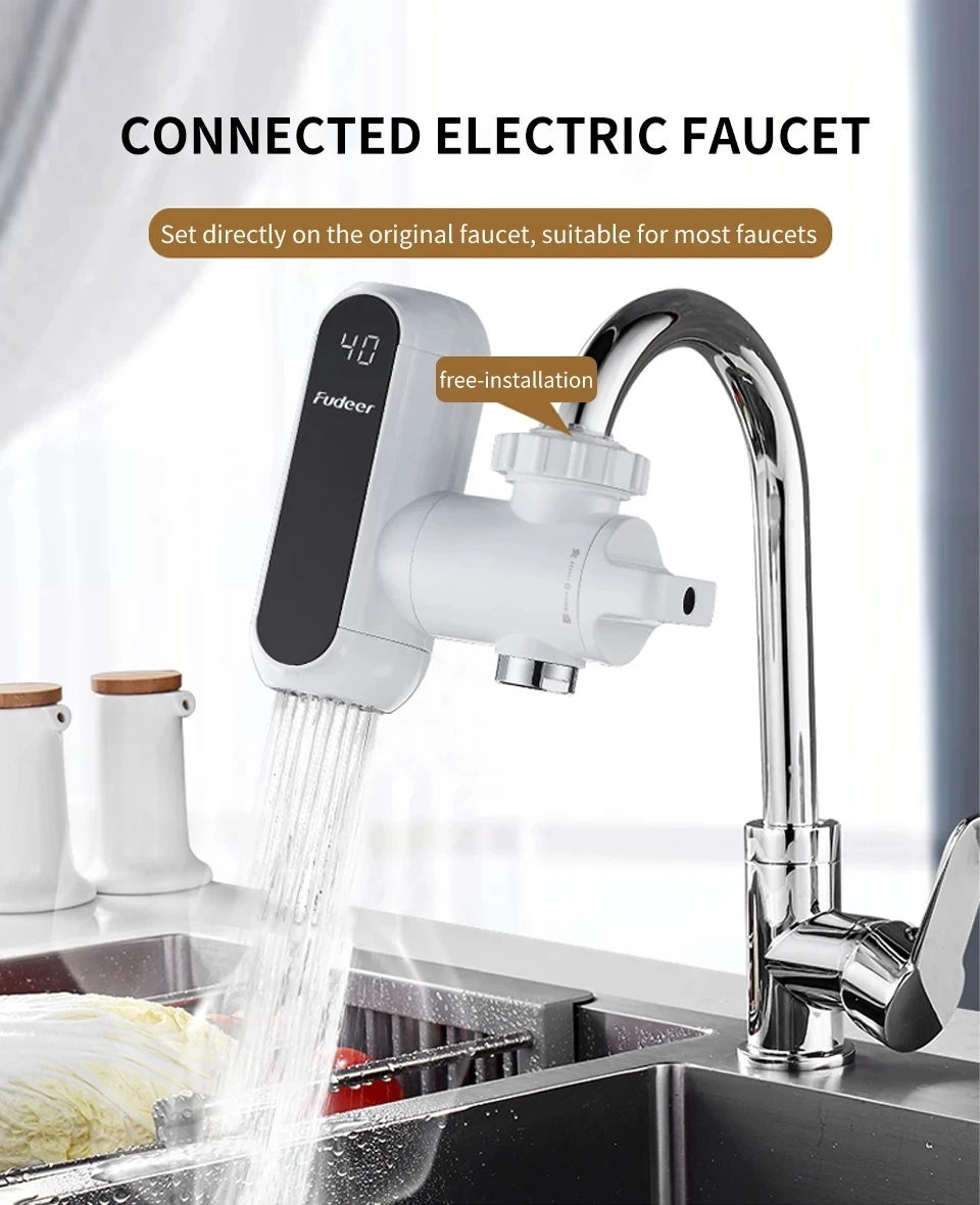 Fudeer Water Heater Faucet Instant Tankless Electric Heating Water Tap Adapter Kitchen Instant Heating Tap Water Heater EU