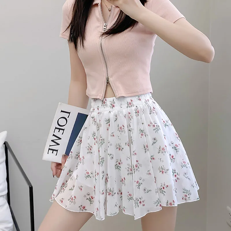 2026 New Chiffon Skirts for Women Summer Casual All-Match Small Floral Mini Skirt Female College Style High Waist A-Line Skirts