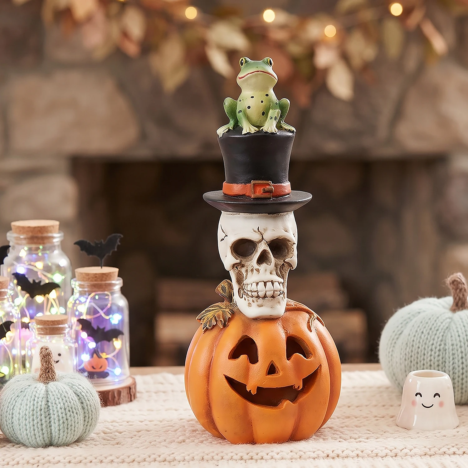 Halloween Spooky Pumpkin Skull Frog Resin Statue, Jack O Lantern Tabletop Decoration For Indoor Holiday Party