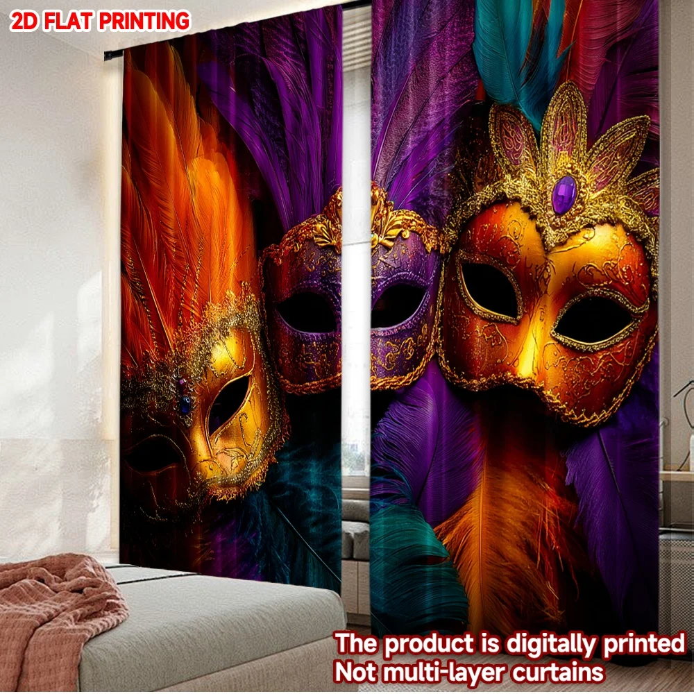 2D flat printing 2pcs Curtain Party Curtains Mardi Gras Feathered Masks(1) Digital Printed Polyester Drapes Seasonal Party &