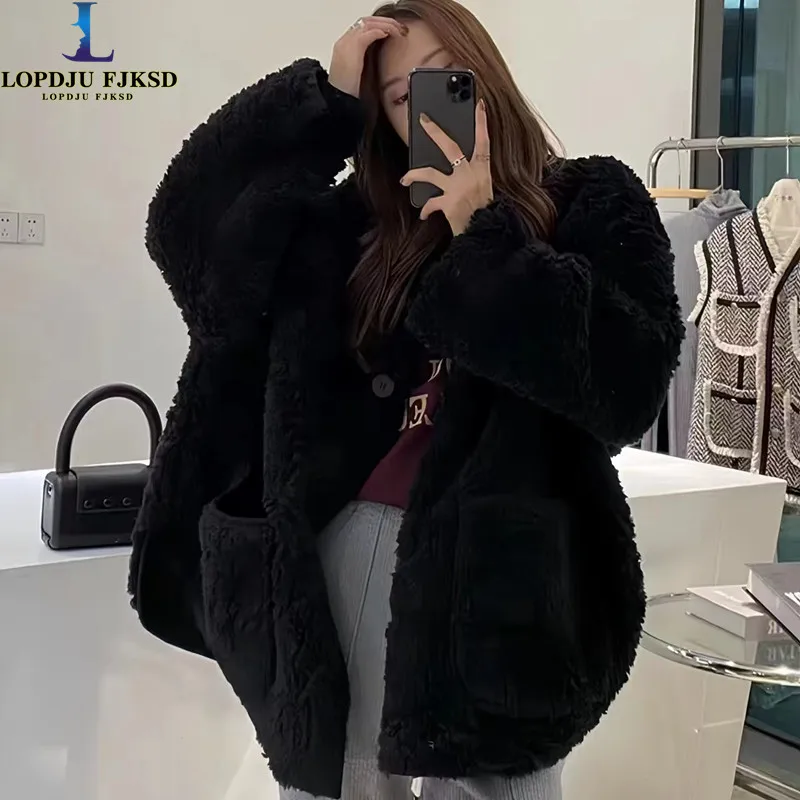 Faux Lamb Fur Coat for Women, Korean Jacket,Single Breasted, O-Neck, Quilted Thick Furry, Loose, Autumn and Winter, 2023