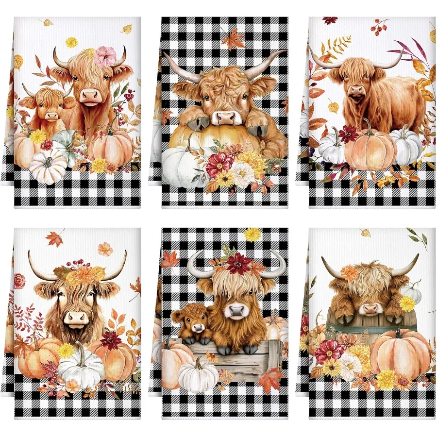 

6 Packs Fall Kitchen Towels Highland Cow Plaid Dish Towel Autumn Pumpkin Hand Drying Tea Towel Brown Cow Decorative Towels 24 x