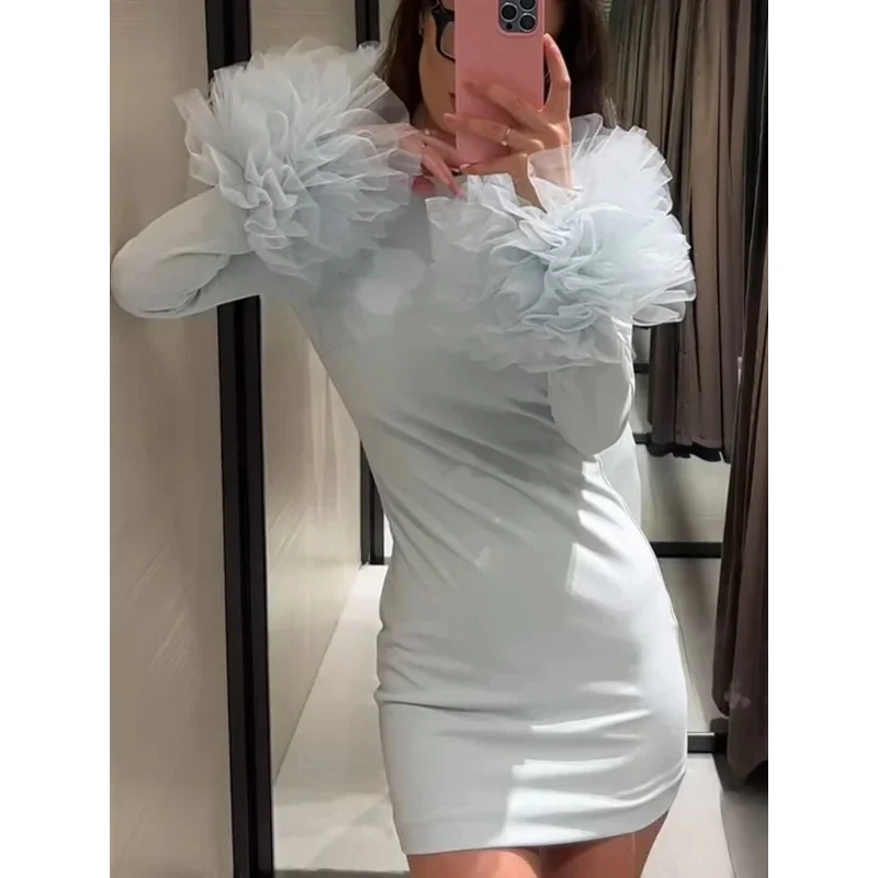 

Summer Fashion Women's Slim Fit O-Neck Dress Sky Blue Long Sleeve Backless Button Detail Sexy Party Gown for Ladies