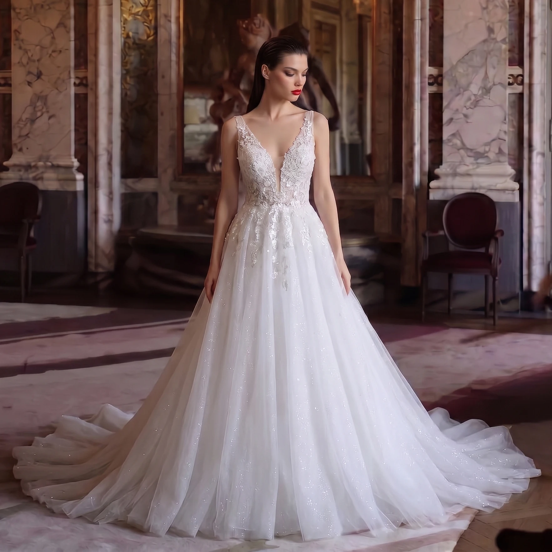 

Sharon Said Vintage A Line Wedding Dress Lace Appliques Long Train Sparkly Bridal Gowns SW710 Custom