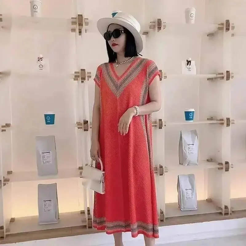 Mid-Length Summer New Pleated Colorblock Women's Dress Fashion V-Neck Short Sleeve Elastic Loose Famale Clothing 2F4BY