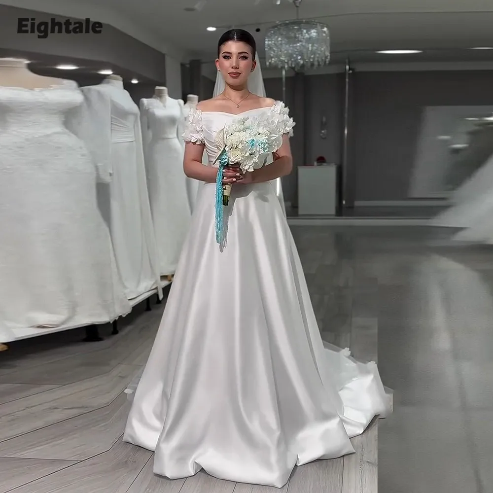 

Eightale Arabic Wedding Dresses Customized Off the Shoulder Short Sleeves A-Line Ivory Satin Bridal Gown Vestidos De Novia