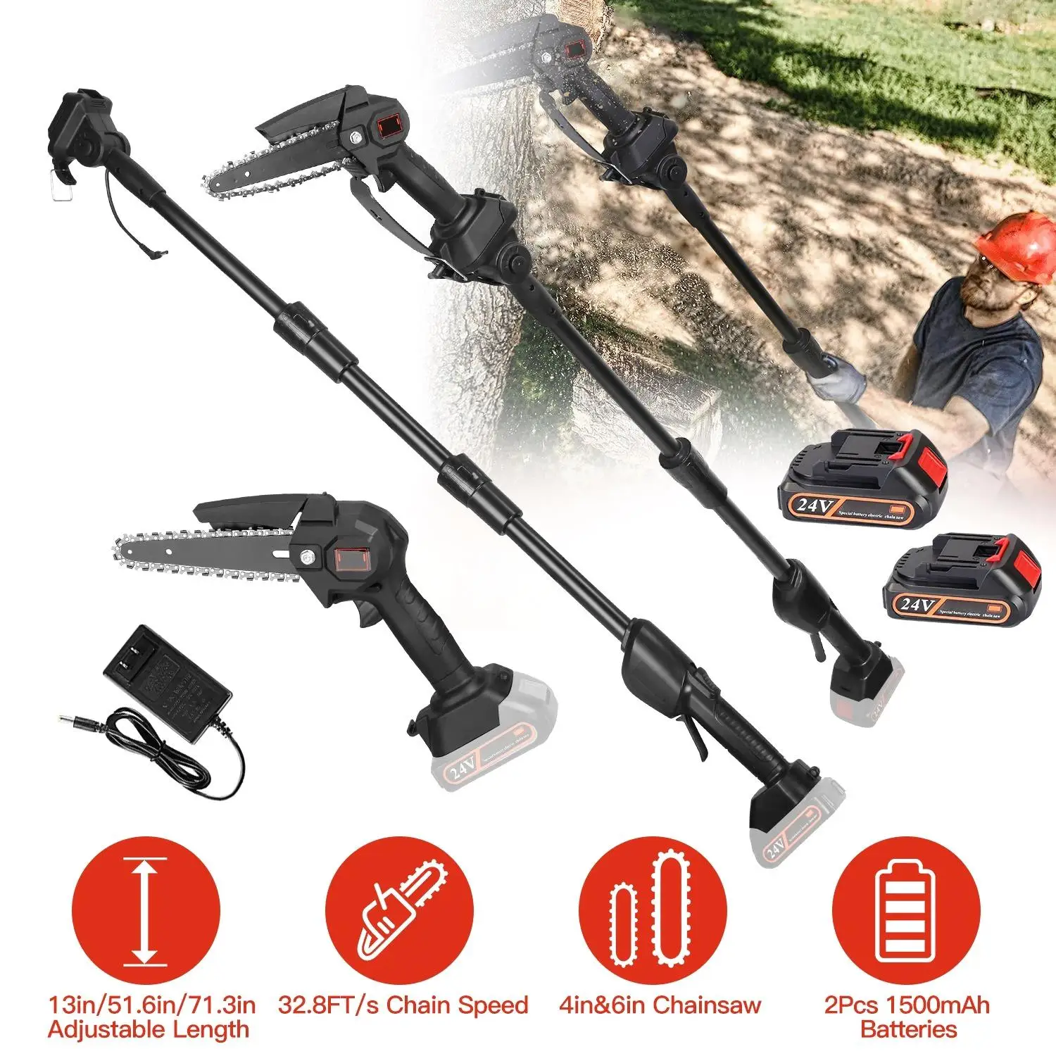 2-in-1 Cordless Pole Saw & Mini Chainsaw with 2x21500mAh Batteries, 13ft Reach Electric for tree Trimmer