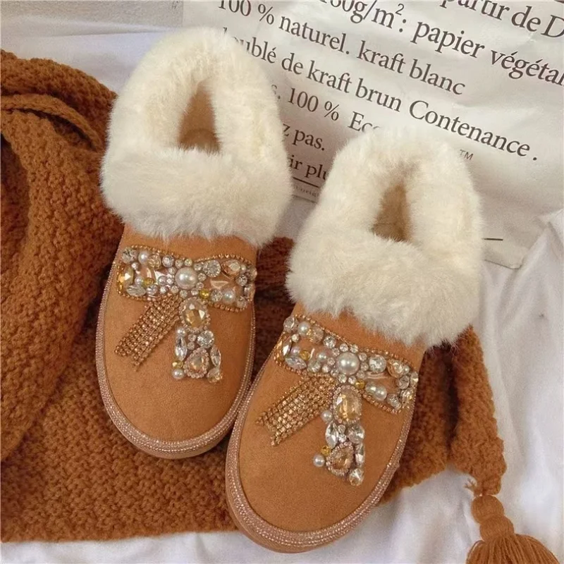 Heavy industry pearl water diamond beaded edge women's cotton shoes, winter thickened round toe anti-slip snow boots 35-40