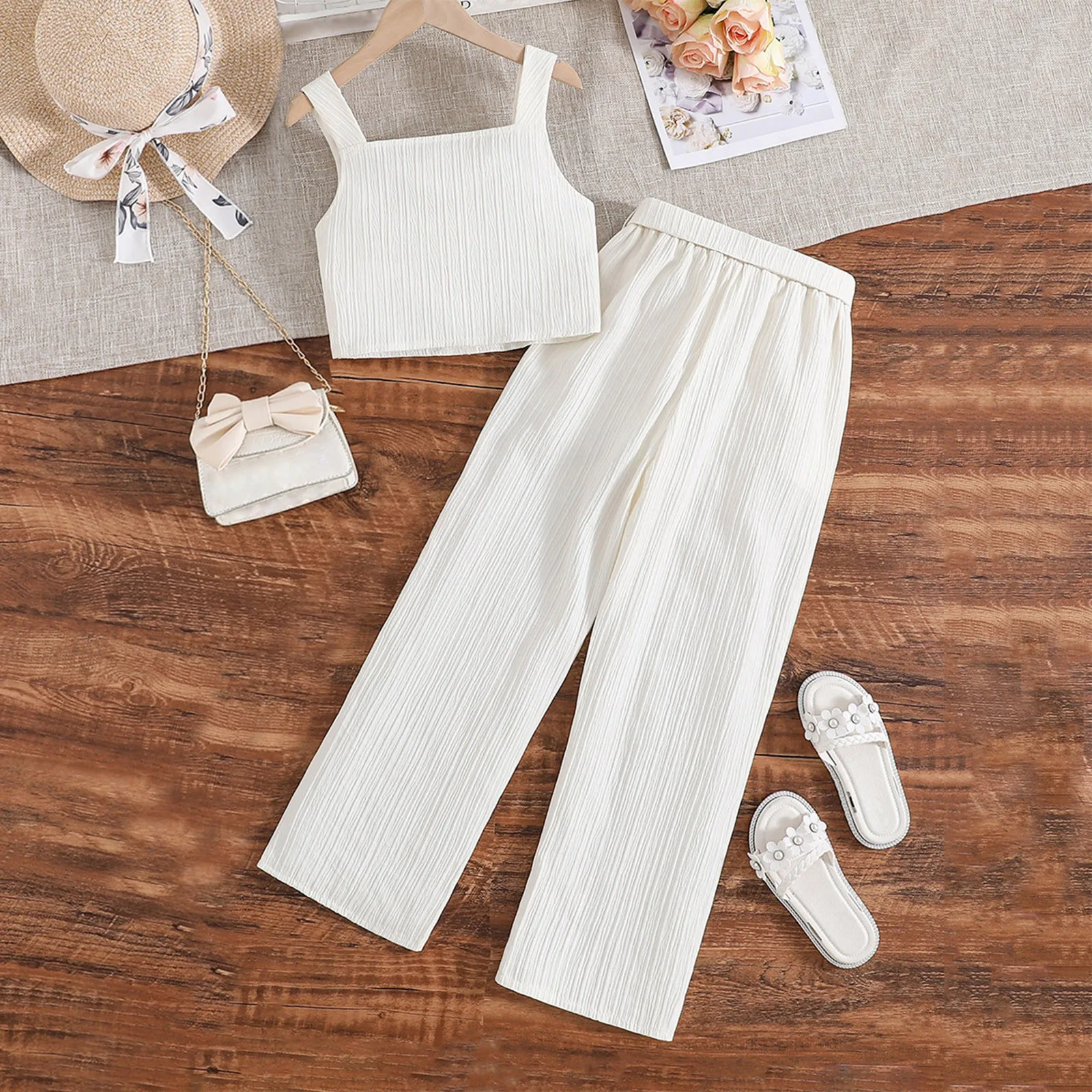 Kids Girls Flower Sleeveless Tank Vest Tops+Pants Suit 2Pcs Summer Outfits For 8 9 10 12 Years Old Girls Children Clothing