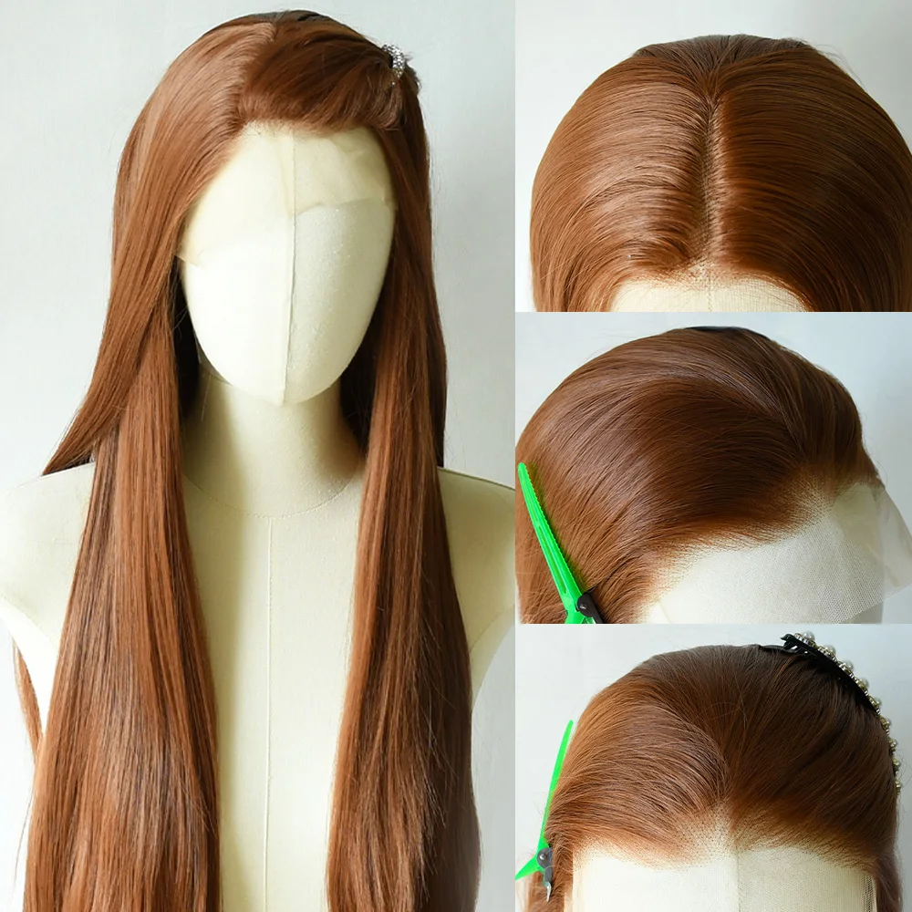 Peruka w kolorze jasnego brązu, peruka typu lace front 13x4, peruka typu lace frontal, prosta jak kość, wstępnie wyregulowana linia włosów, gotowa do założenia, odporna na ciepło, syntetyczne włosy do codziennego użytku.