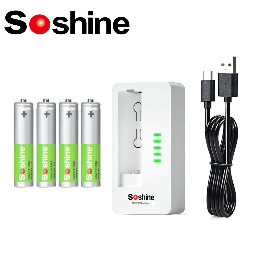 Soshine 14500 10440 AA AAA NiMH Li-ion LiFePO4 Rechargeable Charger and 1.2V AAA 500mAh Low Self Discharge Rechargeable Battery