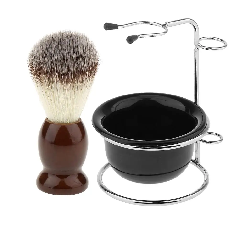 Mustache Brush Shaving Bowl Kit Synthetic Shaving Brush Foam Soap Holder for Men's Shaving Salon