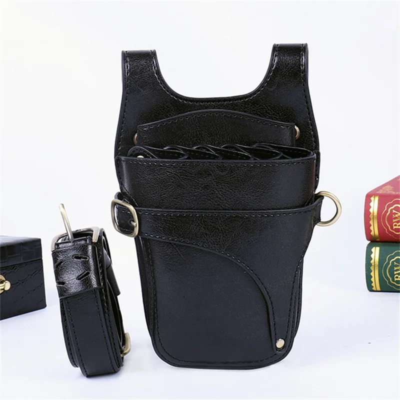 Black Cowhide Hair Scissor Bag Multifunction Barber Tool Pouch Holder Case with Clips Hairdressing Scissor Holster for Stylists