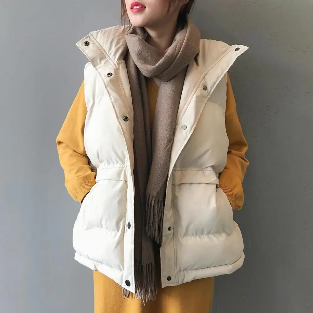 

Women Winter Vest Coat Stand Collar Solid Color Button Closure Sleeveless Padded Thick Short Type Windproof Warm Lady Waistcoat