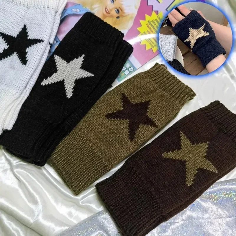 2024 Y2k Knitted Gloves Half Finger Star Gloves Winter Warm Woolen Pentagram Soft Hand Fingerless Emo Gloves Preppy Mittens