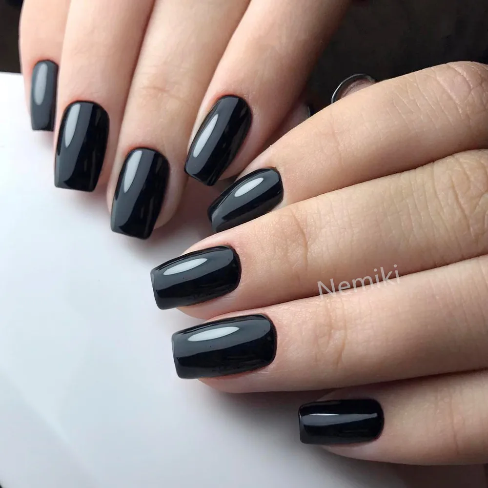 Reutilizável longo quadrado falso ongles adesivo imprensa em unhas falsas brilhante preto artificial dedo manicure ferramenta combo