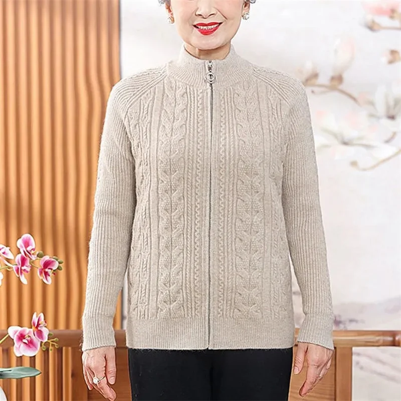 Jaket Rajut Wanita Baru Musim Gugur Musim Dingin 2025 Sweater Berkualitas Tinggi Mantel Wanita Ibu Lansia Kerah Setengah Turtleneck Cardigan Atasan