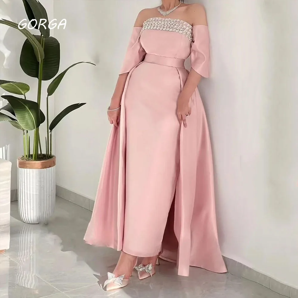 

GORGA Pink Beading Strapless Satin Mermaid Half Sleeve Customized Formal Occasion Floor-Length Prom Dress Evening Party Gowns