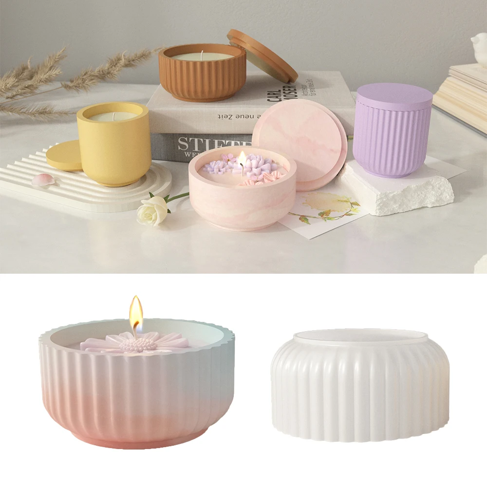 S0140 DIY Candle Jar Molds With Lid Mirror Plate Storage Box Stripe Bean Wax Candle Cup Silicine Mold Set For Home Decoration