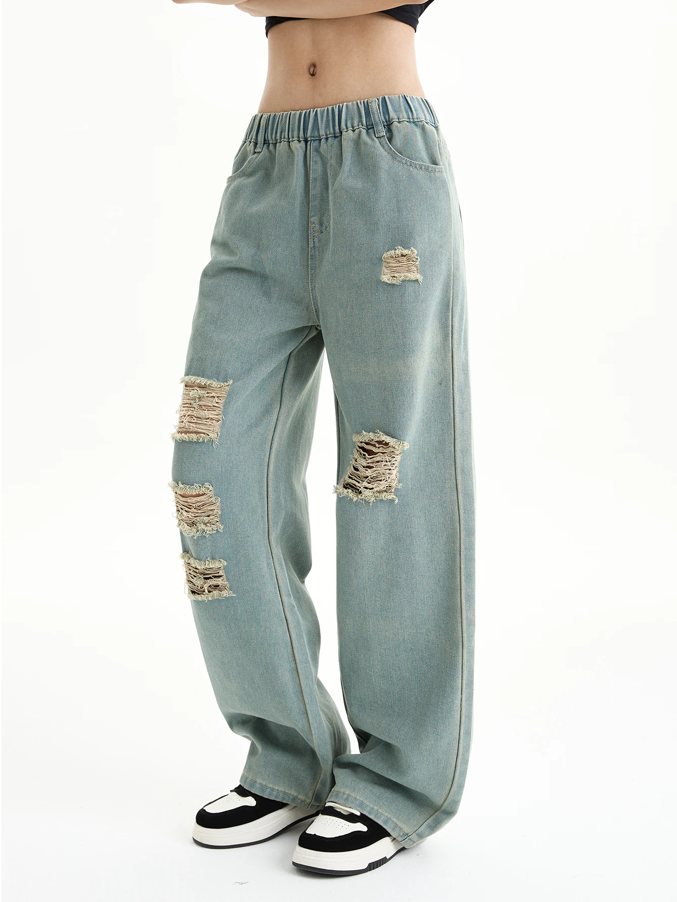 

Distressed High-Street Washed Jeans for Girls – Vintage Loose Fit Slimming Straight-Leg Denim Pants, Trendy & Versatile