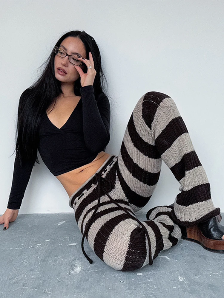Kliou Stripe Patchwork Long Pants Woman Autumn Trend Crochet Shirring Elastic H… - Image 2