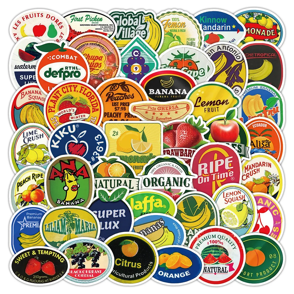 

50pcs Vintage Fruit Label Phone Stickers Funy Plant Packaging Decoration Stickers Phone Cases Waterproof Laptop Guitar Stickers